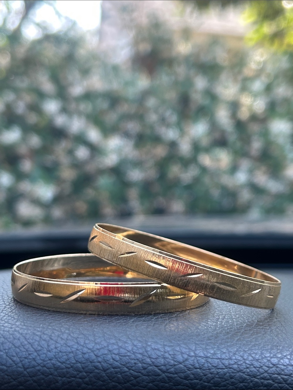 14K Gold Plated Carved Bangle Set - Sleek Textured Design 6.5”